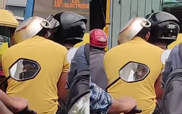 ٹریفک چالان سے بچنے کیلئے شہری نے ہیلمٹ کی جگہ فرائی پین پہن لیا